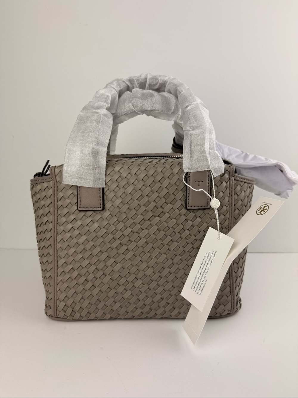 Tory Burch Thea Woven Mini Slouchy Satchel French Gray Leather Handbag $595 - Picture 6 of 14